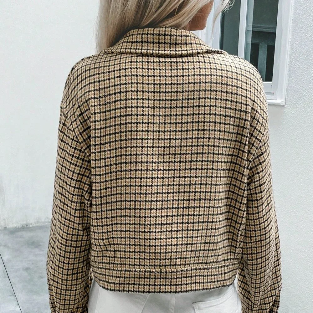 Multicolor Casual Womens Houndstooth Print Drop Shoulder Jacket - Picture 2 of 5